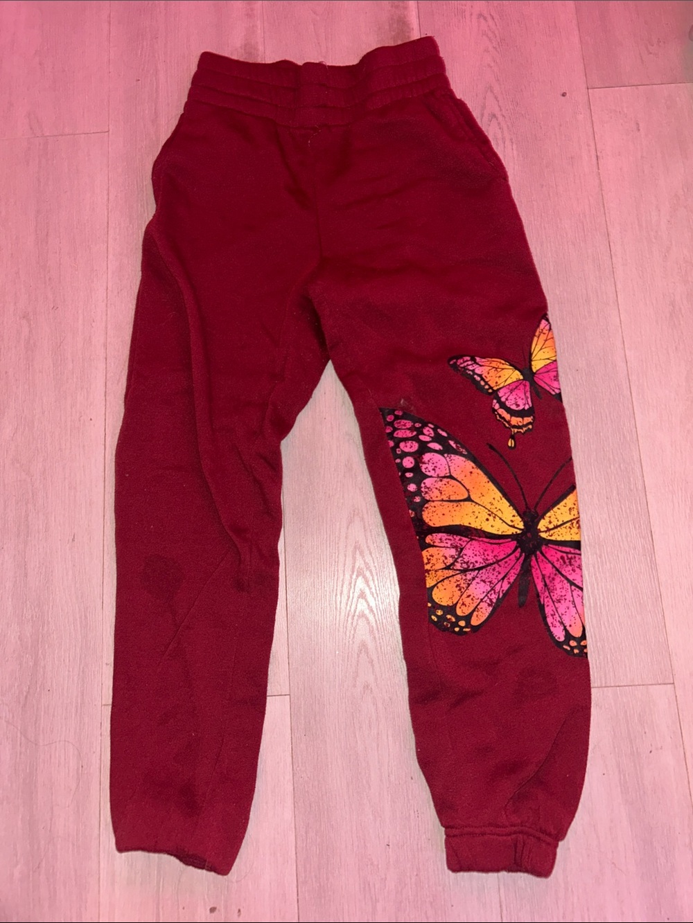 No Boundaries Burgundy Sweatpants with Pink & Yellow Butterfly